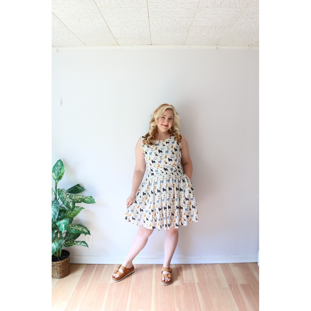 CAT PRINT L.A. Soul Fit and Flare Dress Cream Sleeveless Pleated Skirt Large - Picture 4 of 8